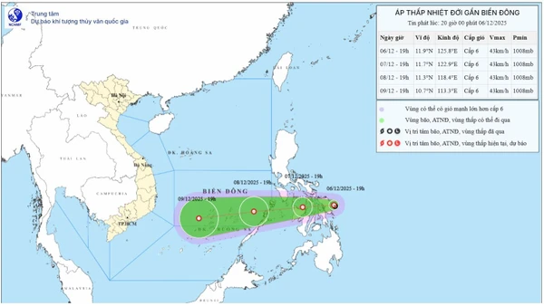 Bản đồ dự báo quỹ đạo và cường độ áp thấp nhiệt đới phát lúc 20 giờ ngày 6/12/2025. (Nguồn: Trung tâm Dự báo khí tượng thủy văn quốc gia)
