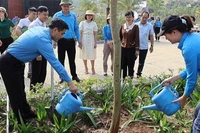 Hưởng ứng Tết trồng cây, cán bộ công đoàn cùng công nhân, người lao động thành phố Điện Biên Phủ trồng cây hoa ban trong Công viên Võ Thị Sáu.