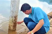 Công nhân công ty thủy nông kiểm tra mực nước tại hồ Pá Khoang.