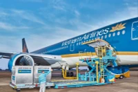 Hàng hoá đang được chất xếp lên tàu bay Vietnam Airlines.