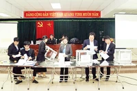 Kiểm phiếu tại phiên đấu giá đất tại huyện Mê Linh. (Ảnh Hoàng Sơn)