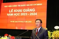 Đồng chí Nguyễn Xuân Thắng, Ủy viên Bộ Chính trị, Giám đốc Học viện Chính trị Quốc gia Hồ Chí Minh, Chủ tịch Hội đồng Lý luận Trung ương phát biểu tại Lễ khai giảng. (Ảnh: TTXVN)