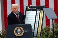 Tổng thống Mỹ Donald Trump công bố các mức thuế đối ứng mới tại Nhà Trắng, ngày 2/4/2025. (Ảnh: Reuters/TTXVN)