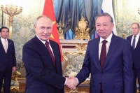 Tổng Bí thư Tô Lâm hội đàm hẹp với Tổng thống Nga Vladimir Putin. (Ảnh: TTXVN)