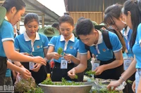 Ca sĩ Ngô Lan Hương (thứ 3 từ trái sang) và các đại biểu Hành trình chuẩn bị "Bữa ăn cho em". 