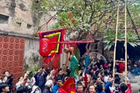 Cây nêu được dựng lên trong sự phấn khởi của mọi người.