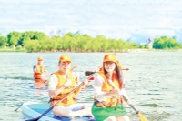Du khách tham quan, khám phá rừng ngập mặn Rú Chá, xã Hương Phong, thành phố Huế bằng thuyền SUP.