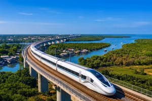 Mô hình dự án đường sắt tốc độ cao Hà Nội- Quảng Ninh, với tổng mức đầu tư hơn 5,6 tỷ USD vừa chính thức khởi công tại Quảng Ninh. Ảnh có sử dụng đồ họa AI