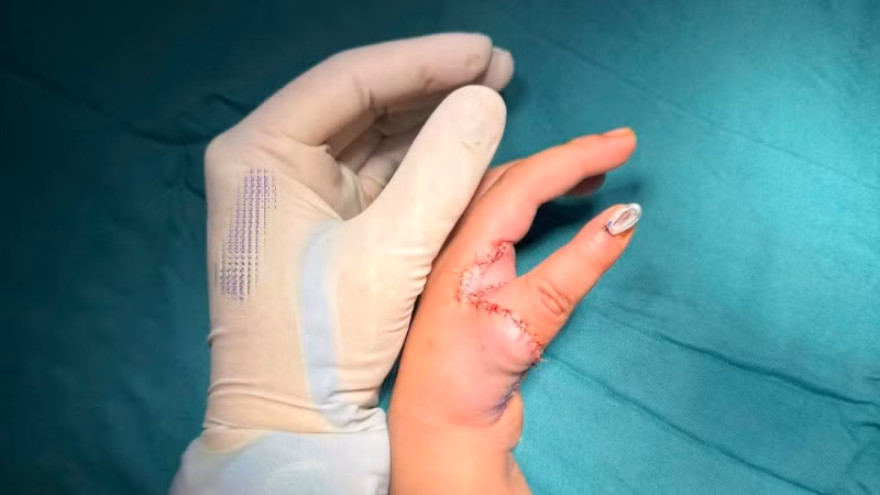 Bàn tay bệnh nhi sau khi được phẫu thuật tái tạo ngón cái. 