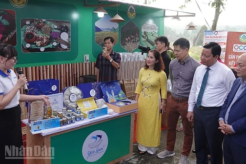 Các đại biểu tham quan các sản phẩm OCOP tại diễn đàn. (Ảnh: LINH BẢO)