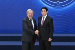 Chủ tịch nước Lương Cường đón Tổng Thư ký Liên hợp quốc tại sự kiện Lễ mở ký Công ước Hà Nội. (Ảnh: XUÂN KỲ-THỦY NGUYÊN)