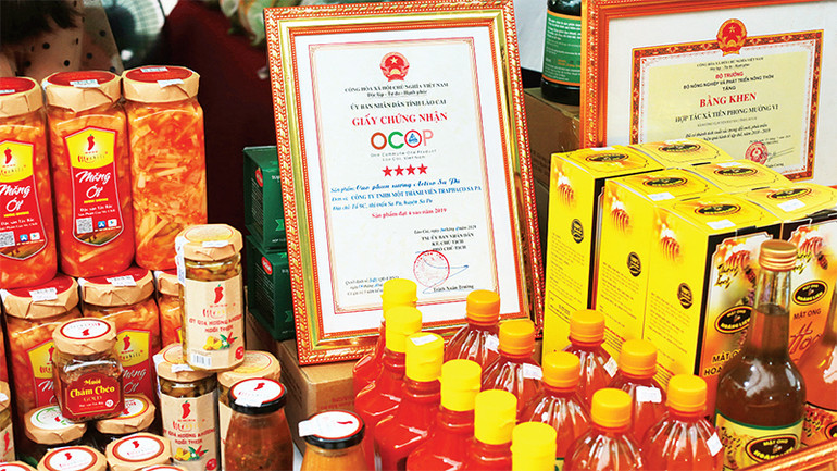 Sản phẩm OCOP của tỉnh Lào Cai được trưng bày tại một hội chợ. (Ảnh Hải An)