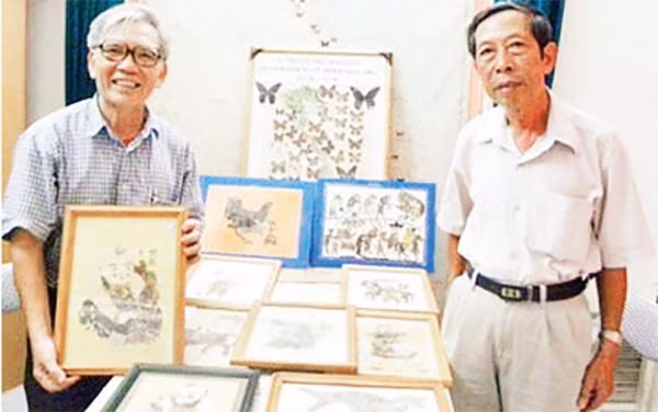 GS, TS Bùi Công Hiển (phải) bên những bức tranh chủ yếu được gắn từ cánh bướm.