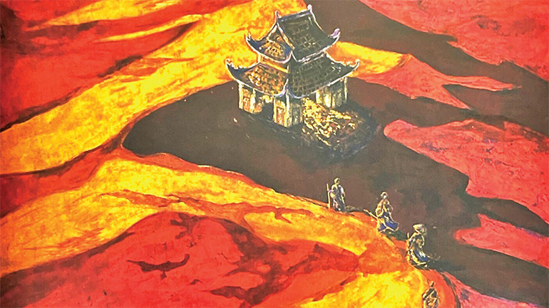 Tranh “Sân khấu mắc cạn” thể hiện hình ảnh sân khấu thủy đình với nghệ thuật rối nước làng quê đang dần mai một.