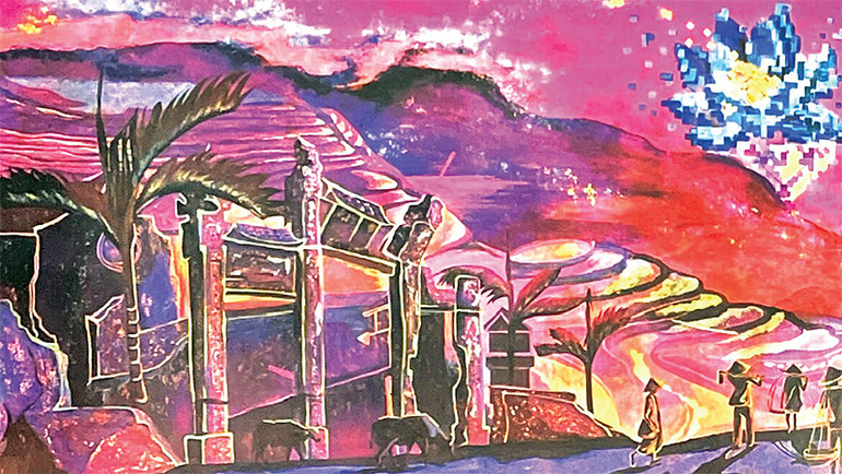 Tranh sơn mài khổ lớn “Dấu thiêng” thể hiện những điều thiêng liêng ẩn giấu trong từng di tích.