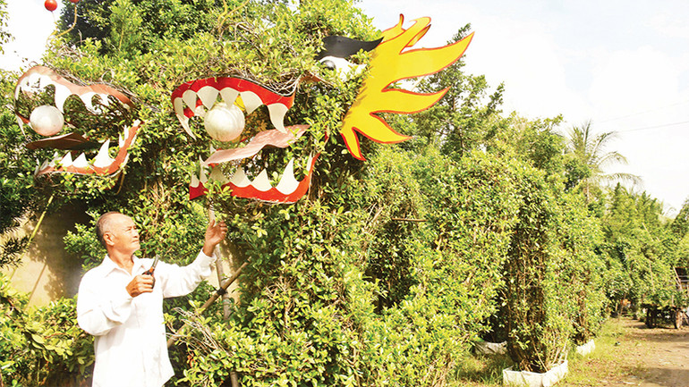 Nghệ nhân Nguyễn Văn Công tạo hình con rồng từ cây si để bán trong dịp Tết.