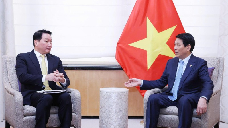 Chủ tịch nước Lương Cường tiếp Chủ tịch Tập đoàn SK, Chủ tịch Hiệp hội Thương mại và Công nghiệp Hàn Quốc Chey Tae-won. (Ảnh: TTXVN) 