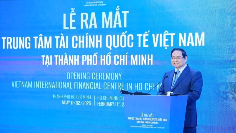 Thủ tướng Chính phủ Phạm Minh Chính phát biểu tại Lễ ra mắt Trung tâm Tài chính quốc tế Việt Nam tại Thành phố Hồ Chí Minh.