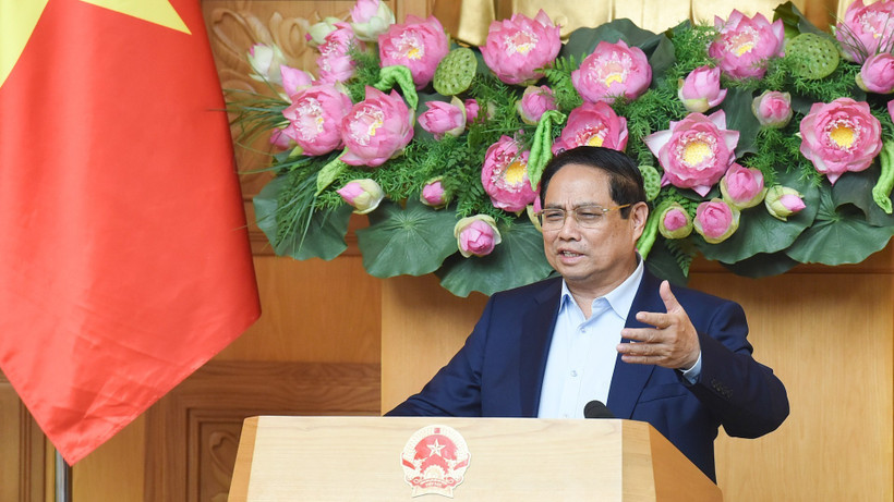 Thủ tướng Phạm Minh Chính phát biểu tại cuộc họp triển khai Triển lãm thành tựu của đất nước kỷ niệm 80 năm Quốc khánh. (Ảnh: TRẦN HẢI)