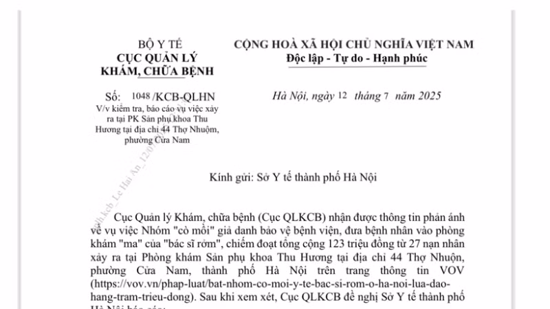 Cục Quản lý Khám, chữa bệnh (Bộ Y tế) có văn bản gửi Sở Y tế Thành phố Hà Nội về việc kiểm tra, báo cáo vụ việc xảy ra tại Phòng khám Sản phụ khoa Thu Hương tại địa chỉ 44 Thợ Nhuộm, phường Cửa Nam, Hà Nội.