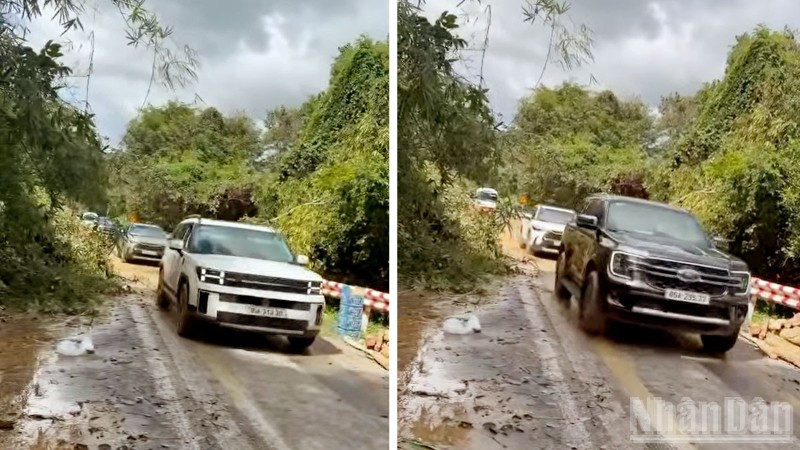 Sau nhiều giờ xử lý sạt lở, hơn 20 ô-tô bị mắc kẹt trên đèo Gia Bắc được giải cứu an toàn. Ảnh: người dân cung cấp.