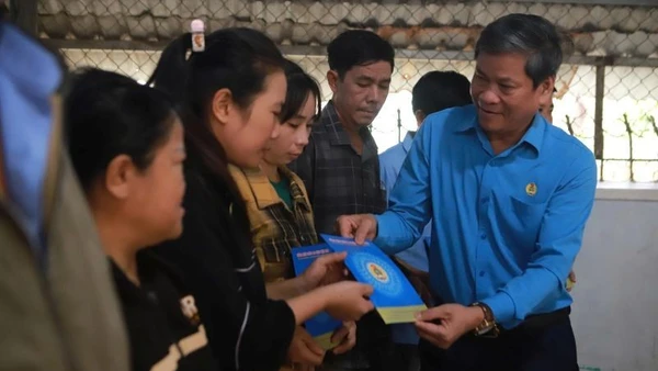 Phó Chủ tịch Tổng Liên đoàn Lao động Việt Nam Huỳnh Thanh Xuân trao hỗ trợ đoàn viên, người lao động bị ảnh hưởng thiên tai.