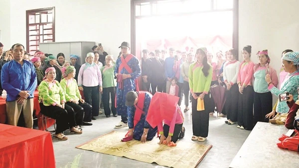 Cô dâu, chú rể quỳ lạy trước bàn thờ tổ tiên, thể hiện lòng thành kính.