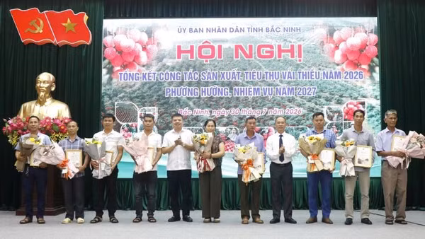 Lãnh đạo Ủy ban nhân dân tỉnh Bắc Ninh trao giấy chứng nhận vườn vải đẹp cho các chủ vườn tại Hội nghị tổng kết sản xuất, tiêu thụ vải thiều năm 2026.