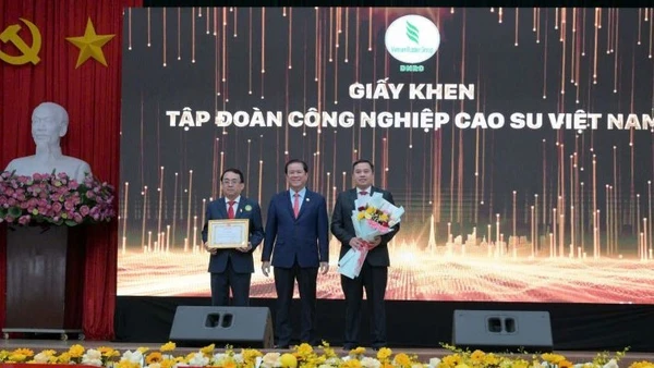 Lãnh đạo Tổng Công ty Cao-su Đồng Nai nhận giấy khen của Tập đoàn Công nghiệp Cao-su Việt Nam.