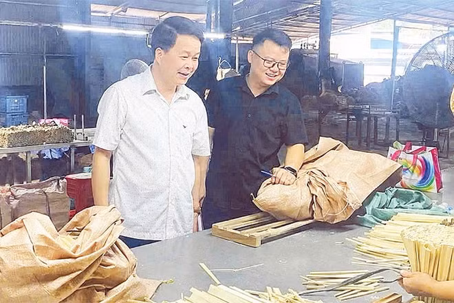 Lãnh đạo Đảng ủy xã Nghĩa Tá kiểm tra tình hình chế biến gỗ tại các cơ sở trên địa bàn (Ảnh DUY THÁI)
