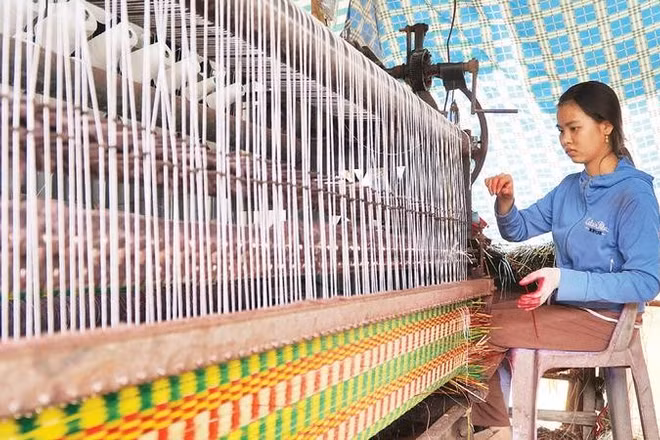 Cơ sở dệt chiếu bằng máy của gia đình chị Trần Thanh Diệu.