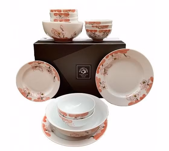 Bộ bát đĩa gốm sứ hoa sen đỏ