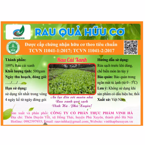 Rau cải xanh hữu cơ Vinh Hà