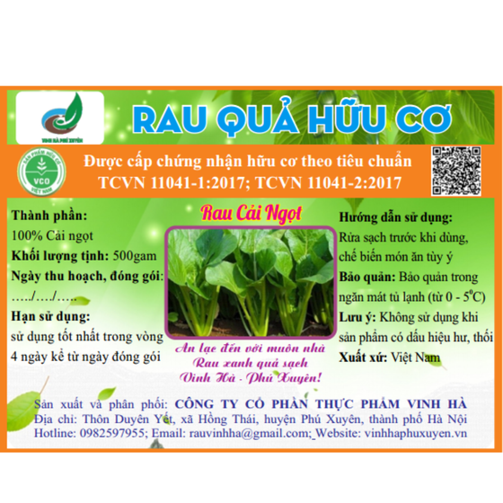 Cải ngọt hữu cơ Vinh Hà