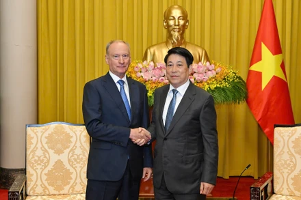 Chủ tịch nước Lương Cường tiếp Trợ lý Tổng thống Nga, Chủ tịch Hội đồng Biển Liên bang Nga Nikolai Patrushev. (Ảnh: Thủy Nguyên)