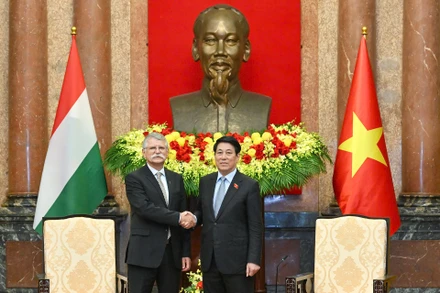 Chủ tịch nước Lương Cường tiếp Chủ tịch Quốc hội Hungary Kover Laszlo. (Ảnh: THỦY NGUYÊN)