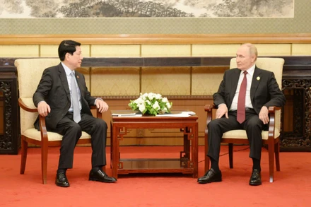 Chủ tịch nước Lương Cường hội kiến Tổng thống Liên bang Nga Vladimir Putin. (Ảnh: Hữu Hưng)