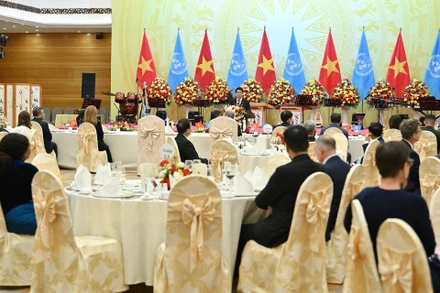 Chủ tịch nước Lương Cường chủ trì chiêu đãi trọng thể Tổng Thư ký Liên hợp quốc. (Ảnh Thủy Nguyên)