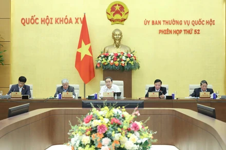 Chủ tịch Quốc hội Trần Thanh Mẫn và các Phó Chủ tịch Quốc hội chủ trì phiên họp. (Ảnh: DUY LINH) 