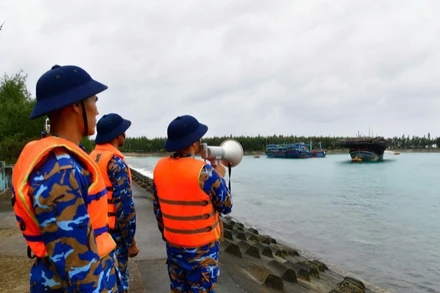 Cán bộ chiến sĩ Đảo Đá tây A tuyên truyền ngư dân vào âu tàu tránh trú áp thấp.