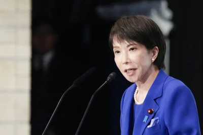 Bà Sanae Takaichi phát biểu trong cuộc bỏ phiếu bầu Chủ tịch đảng LDP cầm quyền Nhật Bản, tại Tokyo, ngày 4/10/2025. Ảnh: Kyodo/TTXVN