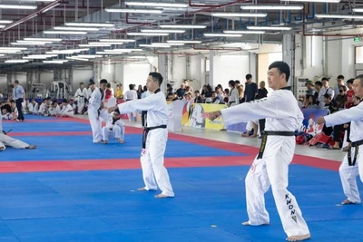 Các thí sinh thể hiện bài thi tại kỳ thi thăng đẳng quốc gia tại Hà Nội.