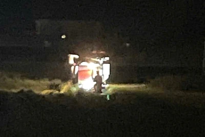 Nông dân xã Trường Ninh, tỉnh Quảng Trị thu hoạch lúa xuyên đêm "chạy" bão