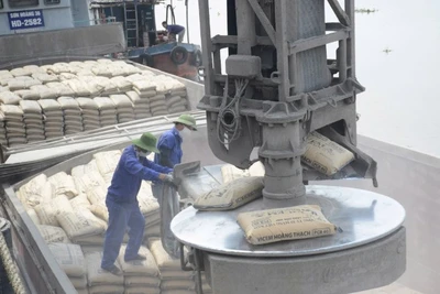 Xuất xi-măng tại cảng của VICEM Hoàng Thạch. (Ảnh MẠNH HƯNG)