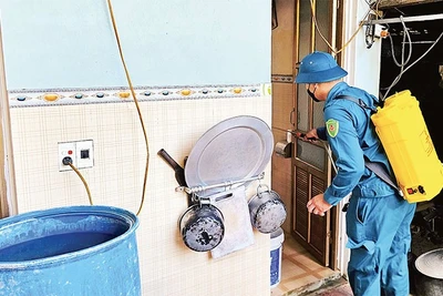 Dân quân tự vệ tỉnh Thanh Hóa phun hóa chất khử khuẩn sau mưa lũ.