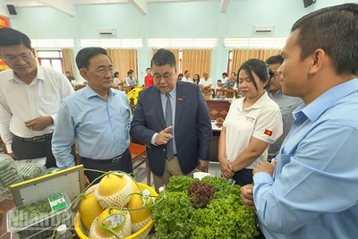 Lãnh đạo Sở Công thương tỉnh Vĩnh Long và GO! tham quan sản phẩm OCOP. 