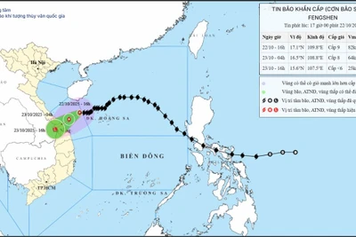 Bản đồ dự báo quỹ đạo và cường độ bão phát lúc 17 giờ ngày 22/10.