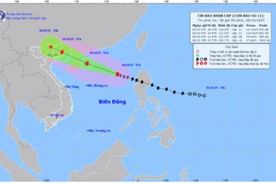Bản đồ dự báo quỹ đạo và cường độ bão số 11 phát lúc 8 giờ ngày 4/10.