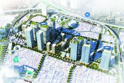 Phối cảnh khu tập thể Vĩnh Hồ (thuộc địa bàn hai phường Thịnh Quang và Trung Liệt cũ) sau cải tạo với các tòa nhà xây mới có quy mô 40 tầng.