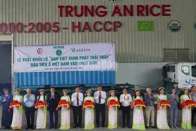 Nghi thức cắt băng xuất khẩu lô hàng “Gạo Việt xanh phát thải thấp” đầu tiên sang Nhật Bản.